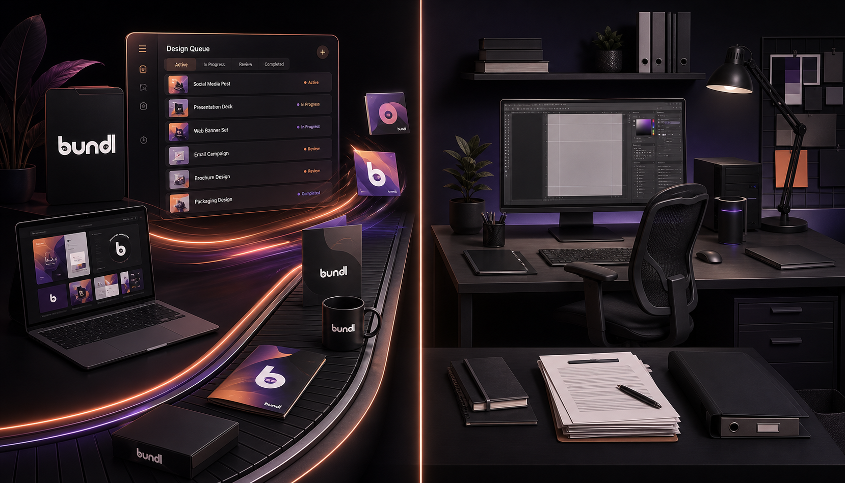 A visual comparison between a flexible design subscription and an in-house designer workspace