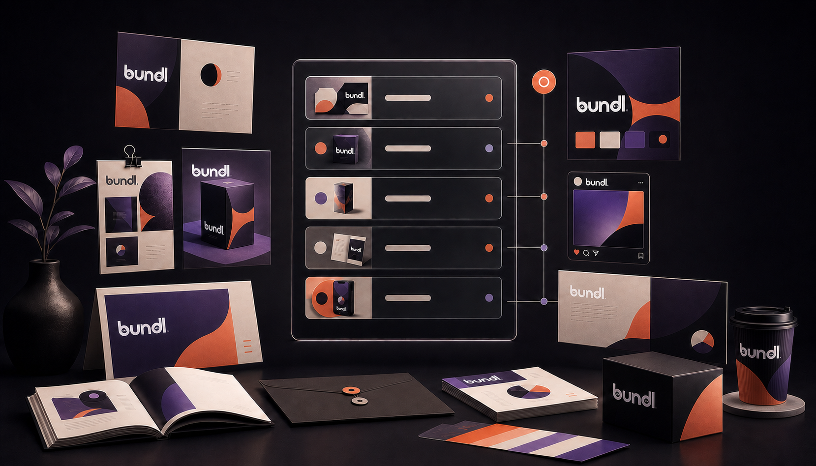 Branded bundl design materials arranged around an organised creative workflow