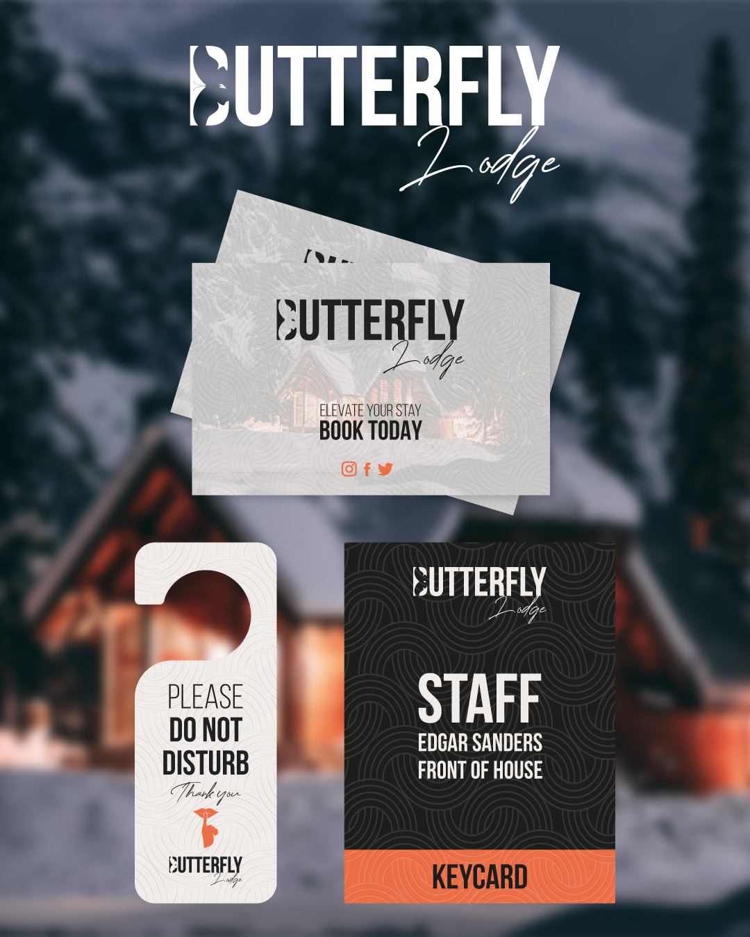 Butterfly Lodge branded staff card and hospitality identity design