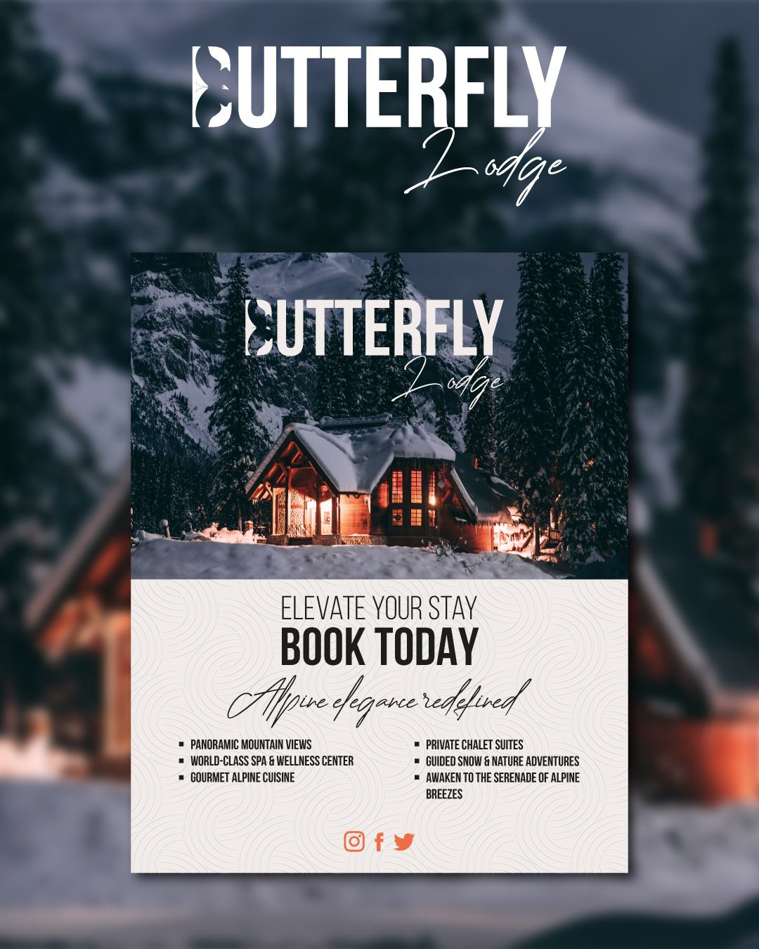 Butterfly Lodge promotional flyer and hotel brand design