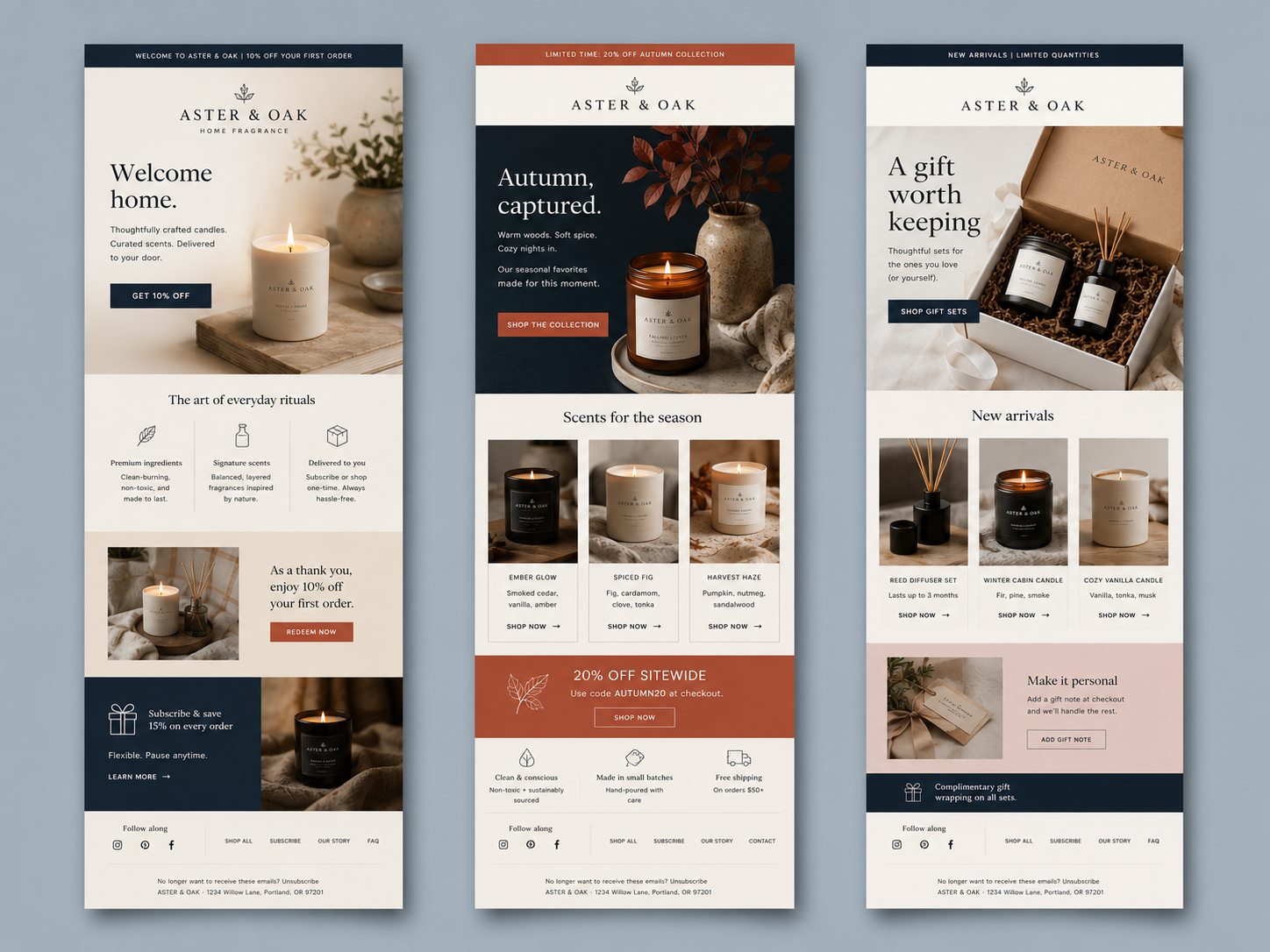Aster and Oak email campaign design mockup